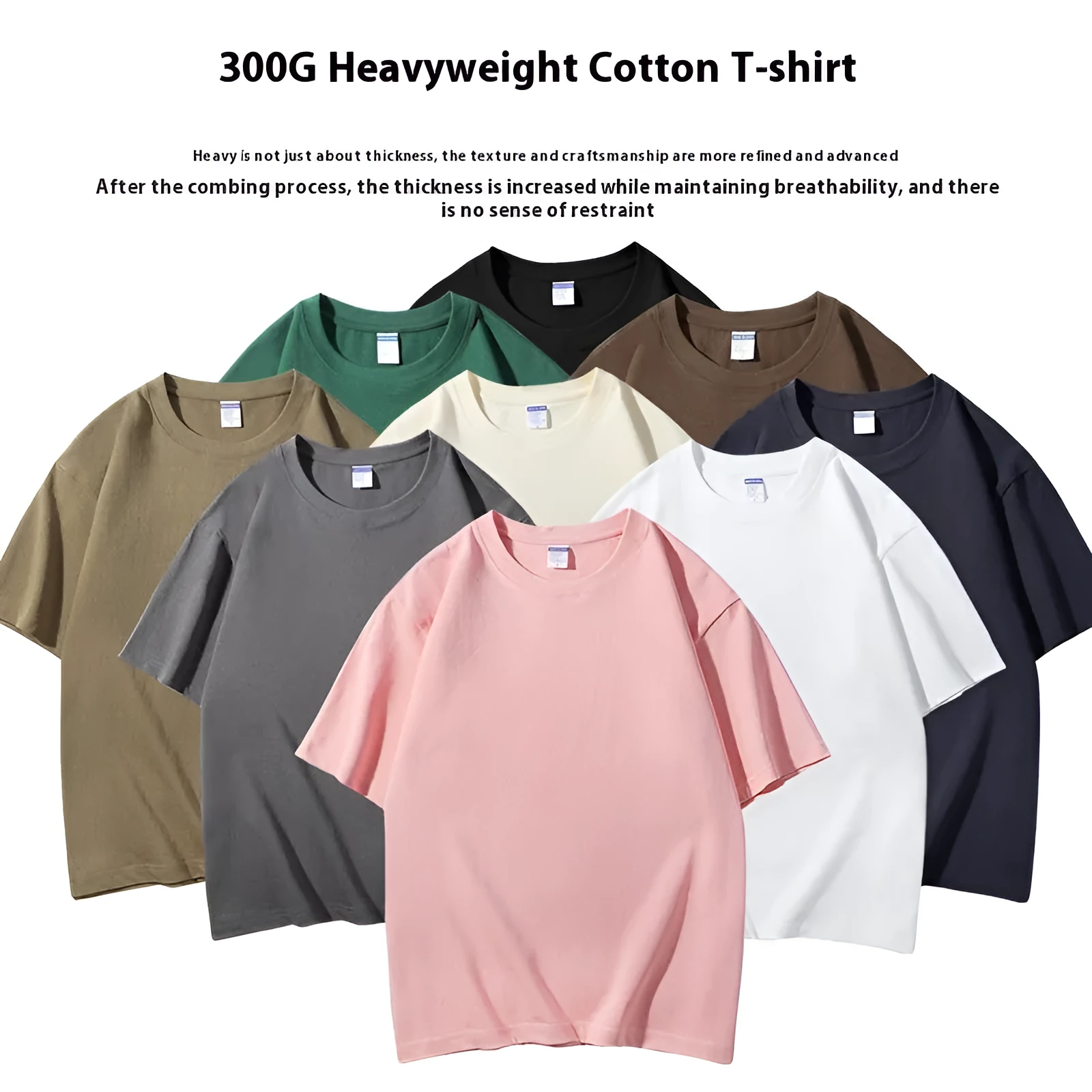Men's loose fit round neck cotton T-shirt in various colours including apricot, black, and jungle green.