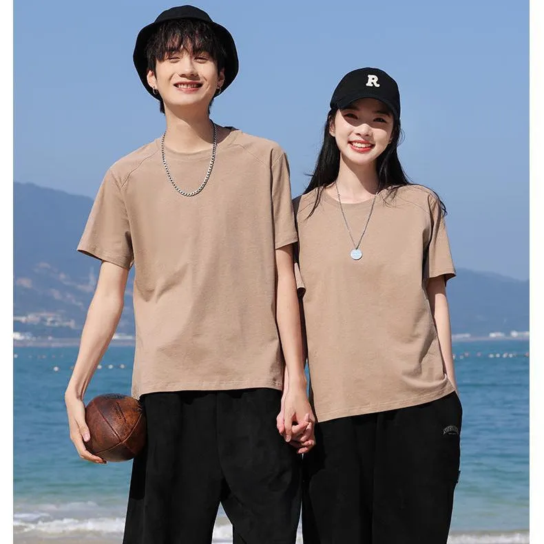 Men's solid colour pure cotton short sleeve T-shirt on a hanger, showing crew neck and straight fit.