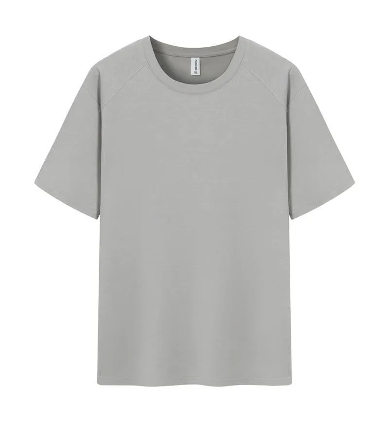 Men's solid colour pure cotton short sleeve T-shirt on a hanger, showing crew neck and straight fit.