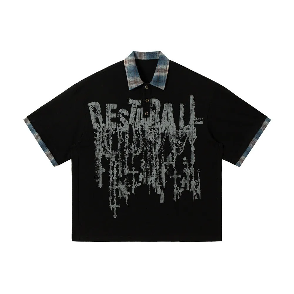 Men's loose asymmetric cotton top with graffiti print in blue or red.