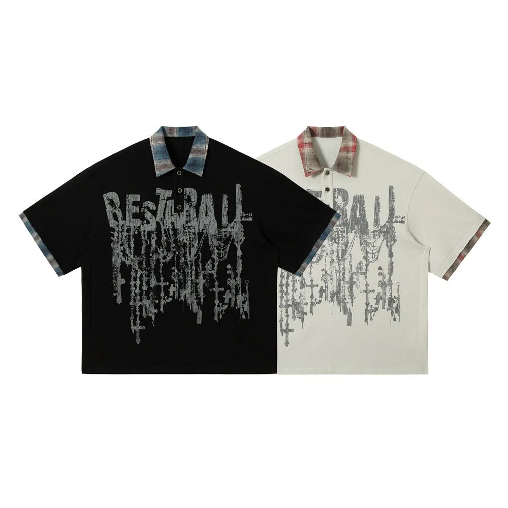 Men's loose asymmetric cotton top with graffiti print in blue or red.