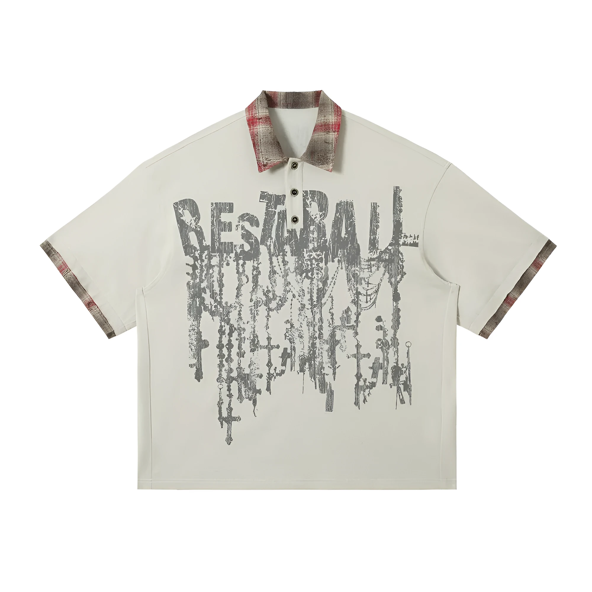 Men's loose asymmetric cotton top with graffiti print in blue or red.