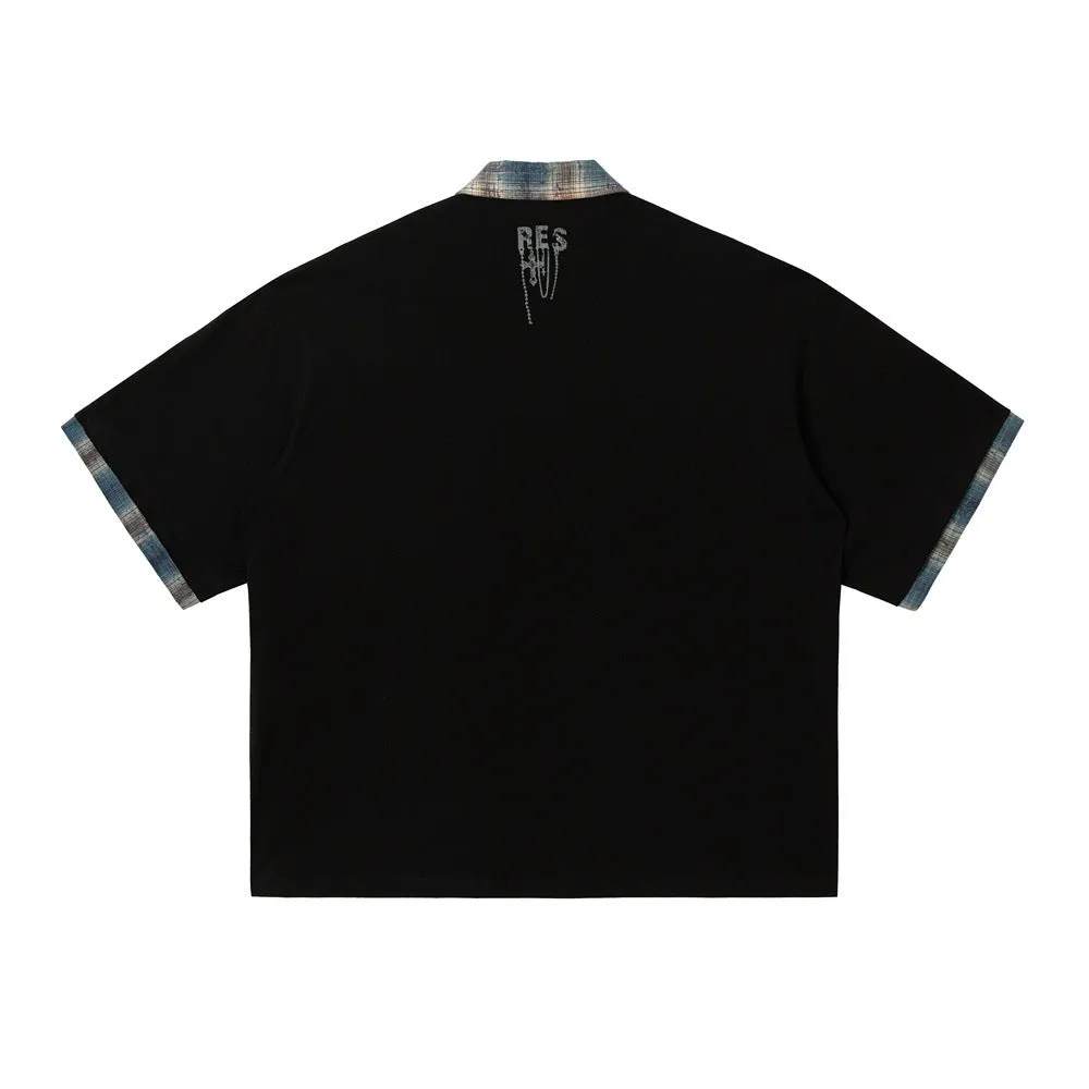 Men's loose asymmetric cotton top with graffiti print in blue or red.