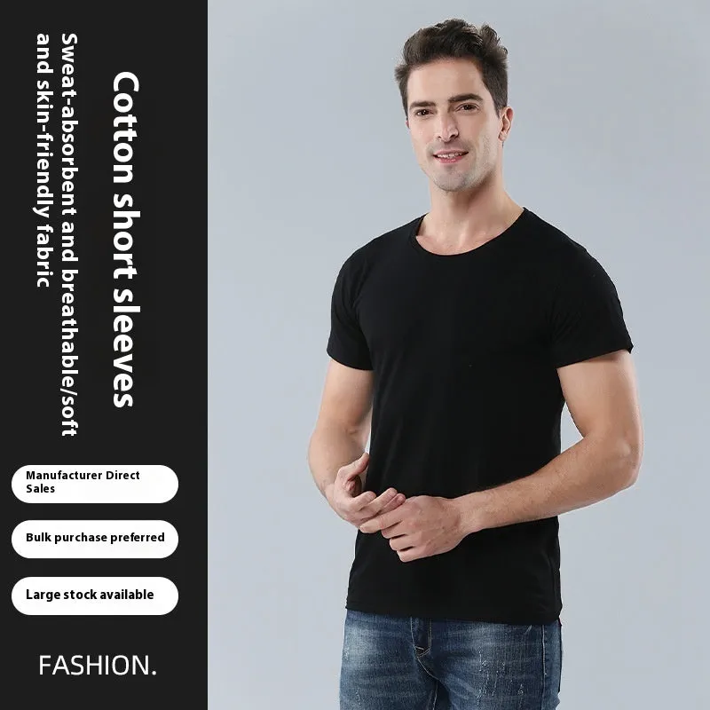 Men's black and white pure cotton loose fit round neck T-shirt showing front view