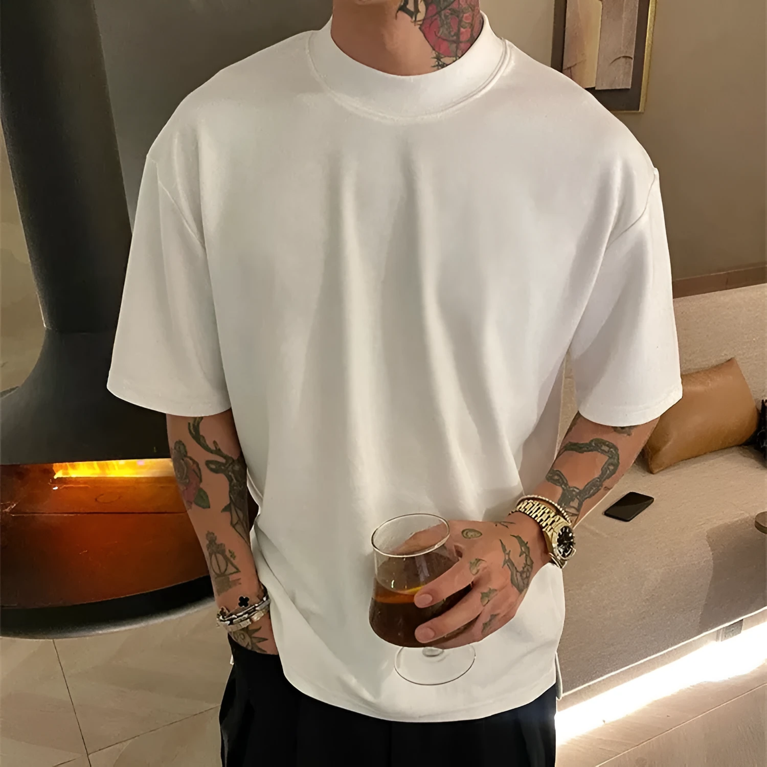 Man wearing loose fit cotton pullover T-shirt in apricot colour with half sleeves