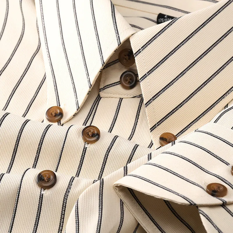 Coffee coloured striped men's long-sleeved shirt with slim fit and non-iron wool lining