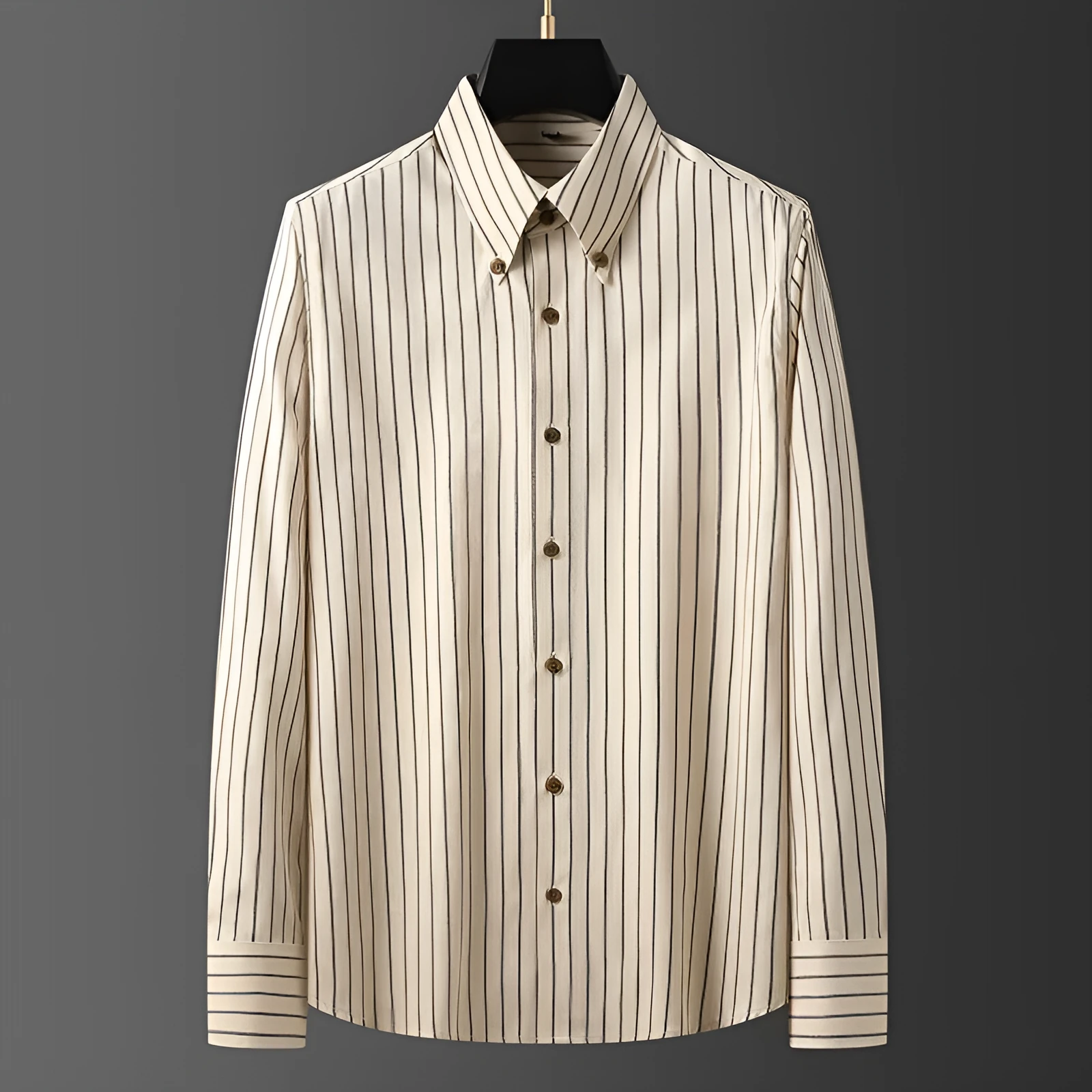 Coffee coloured striped men's long-sleeved shirt with slim fit and non-iron wool lining
