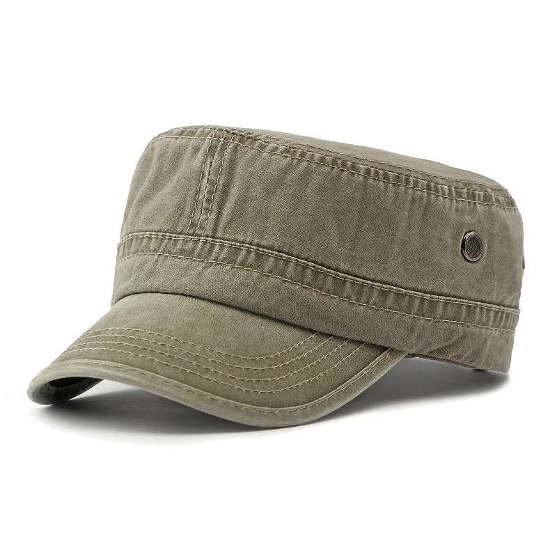 Cotton flat top military cap showing adjustable back and structured crown in army green colour