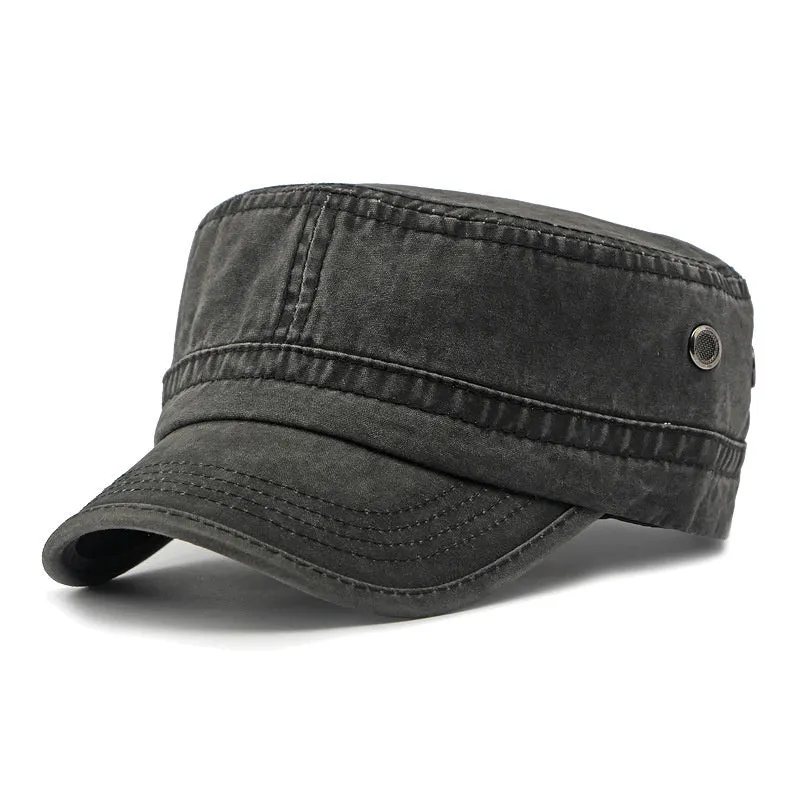 Cotton flat top military cap showing adjustable back and structured crown in army green colour