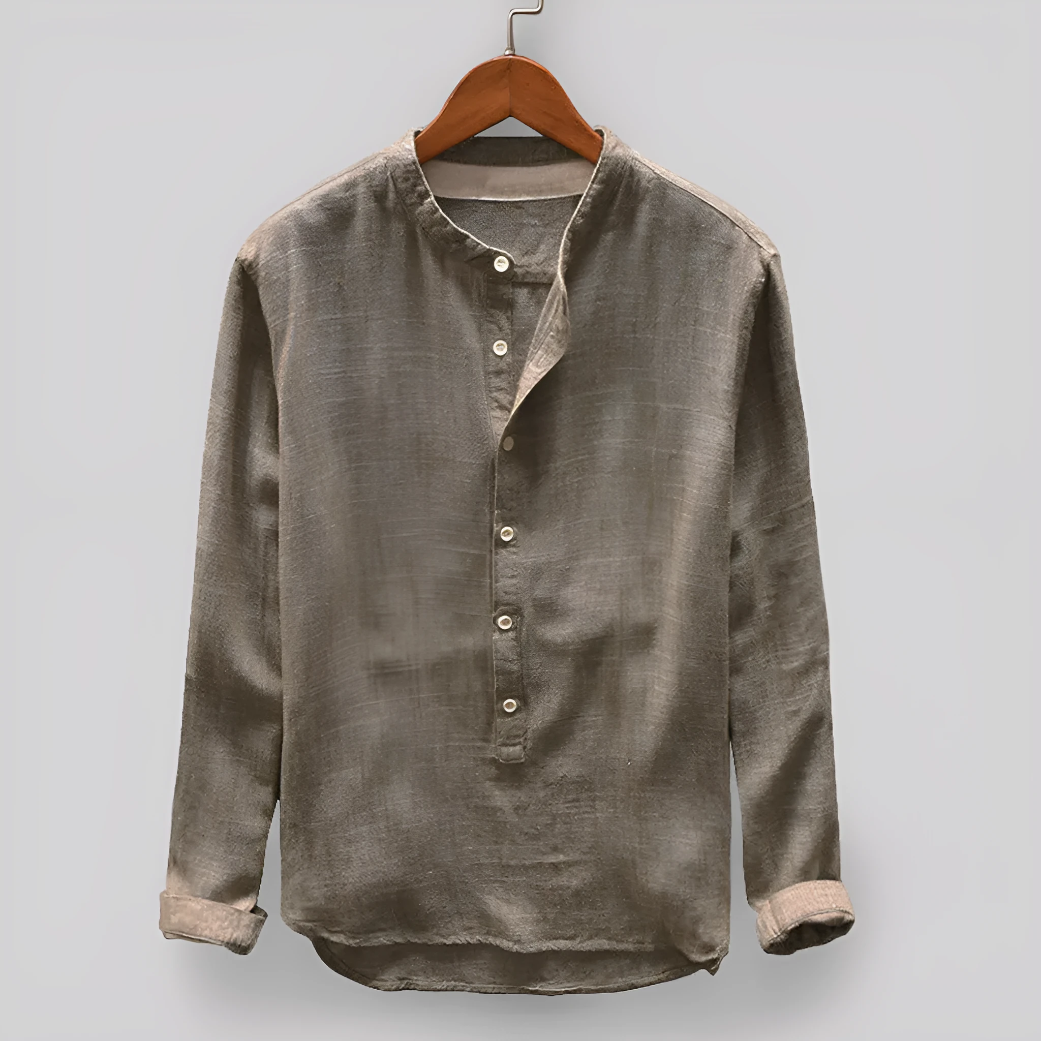 Men's solid colour casual cotton-linen shirt on a hanger, showing colour options of dark blue, grey, yellow, green, and khaki.