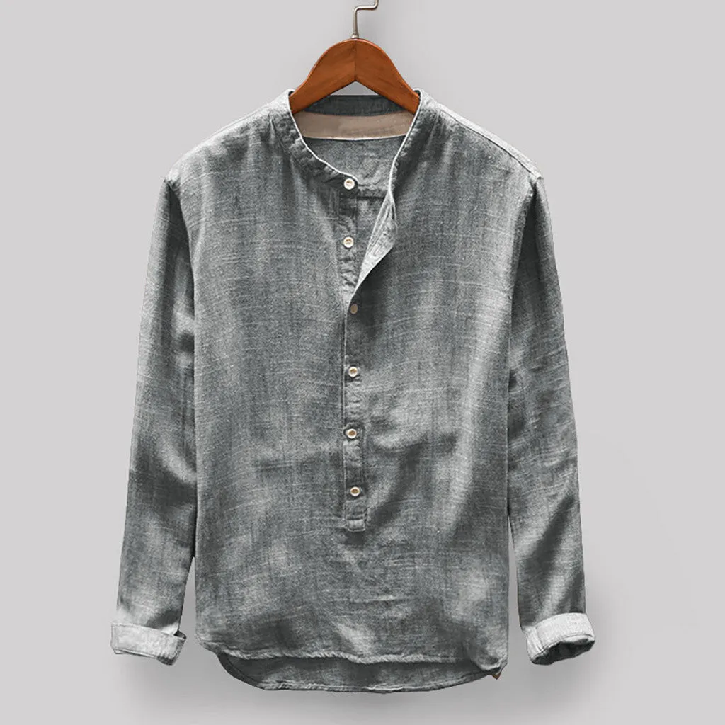 Men's solid colour casual cotton-linen shirt on a hanger, showing colour options of dark blue, grey, yellow, green, and khaki.