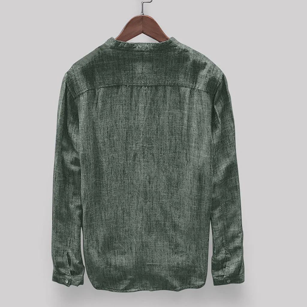 Men's solid colour casual cotton-linen shirt on a hanger, showing colour options of dark blue, grey, yellow, green, and khaki.