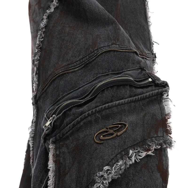 Black distressed denim coat and pants set with padded shoulders and gradient dye pattern