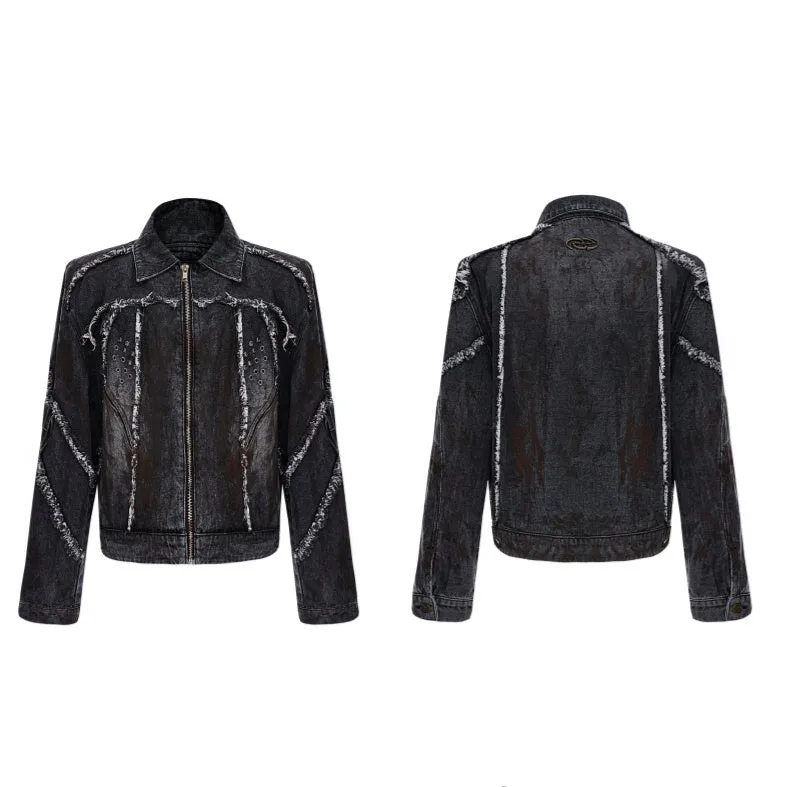 Black distressed denim coat and pants set with padded shoulders and gradient dye pattern