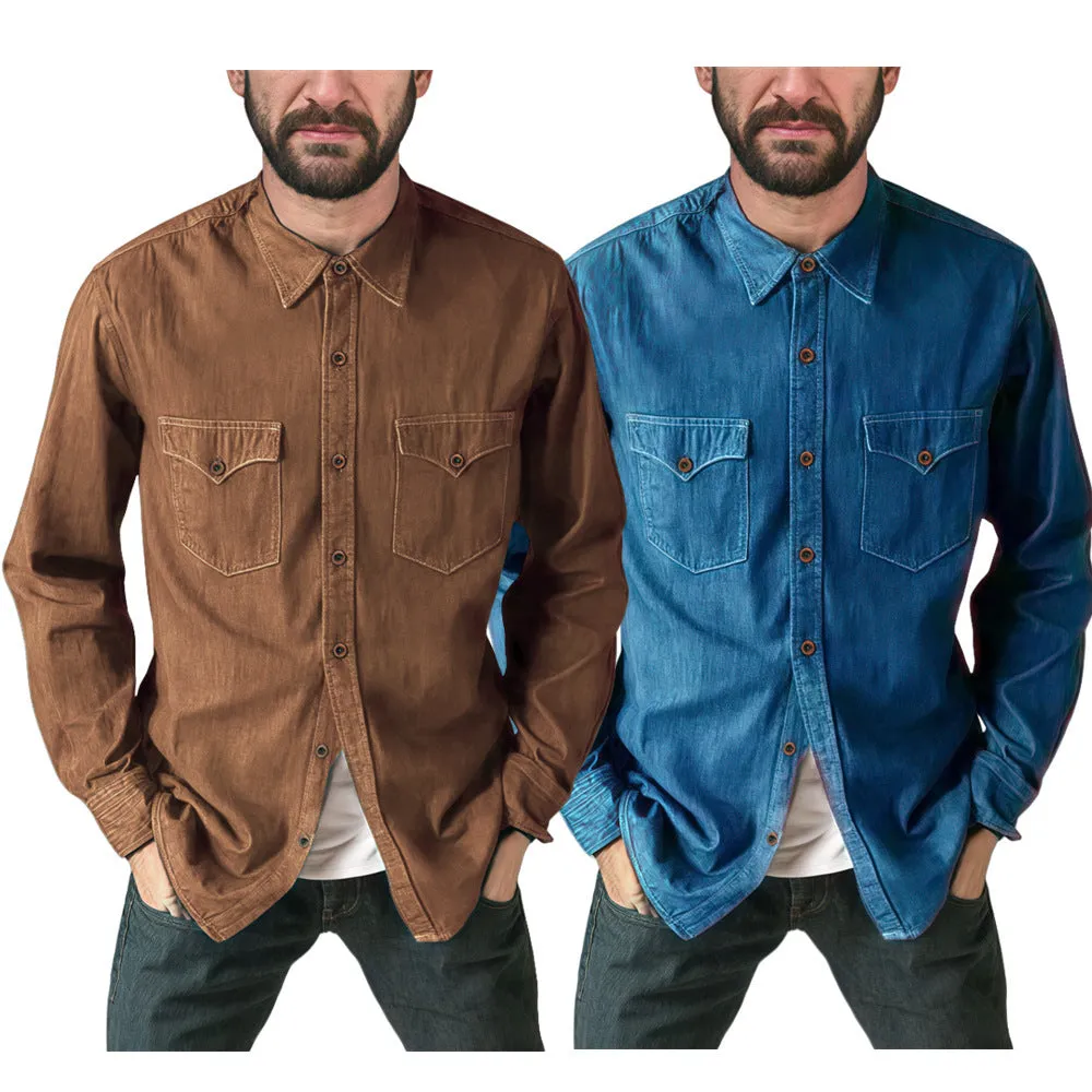 Men's cotton denim cardigan coat jacket in khaki, shown in a regular fit.