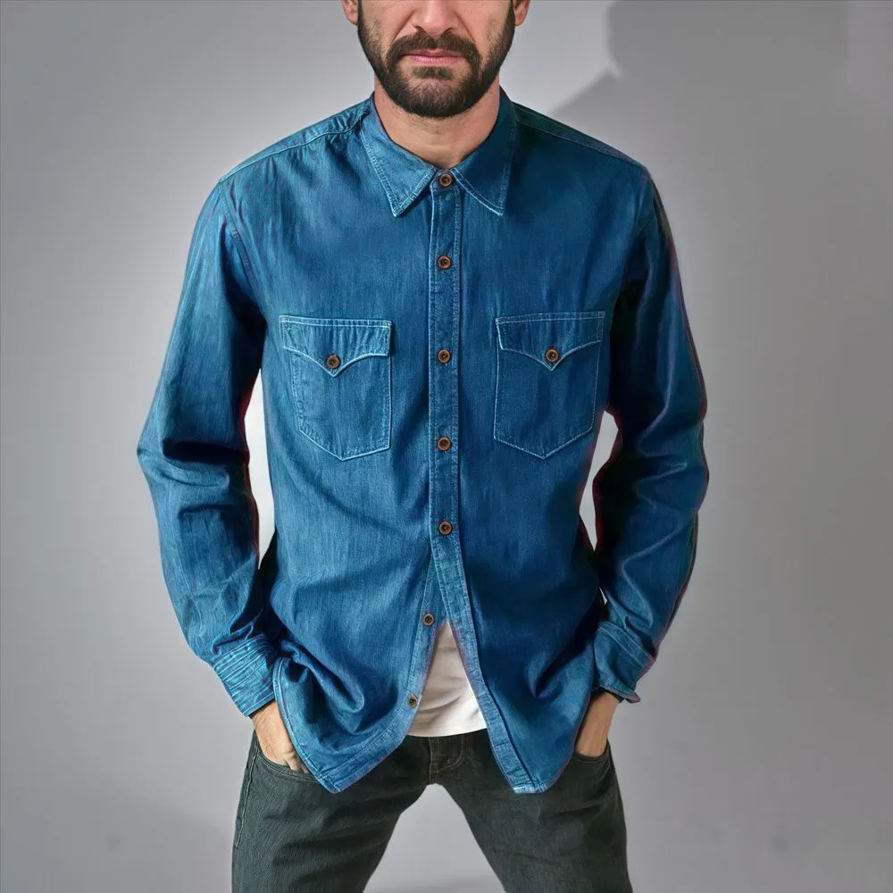 Men's cotton denim cardigan coat jacket in khaki, shown in a regular fit.