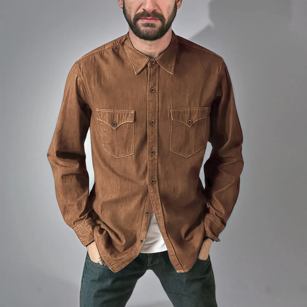 Men's cotton denim cardigan coat jacket in khaki, shown in a regular fit.
