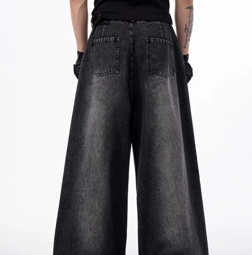 Women's black and grey structured zipper denim wide leg pants with matching waistcoat in Korean style
