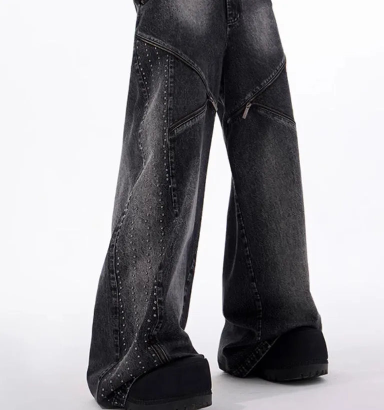 Women's black and grey structured zipper denim wide leg pants with matching waistcoat in Korean style