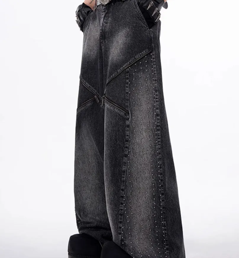Women's black and grey structured zipper denim wide leg pants with matching waistcoat in Korean style
