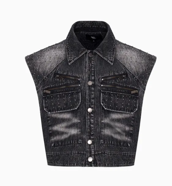 Women's black and grey structured zipper denim wide leg pants with matching waistcoat in Korean style