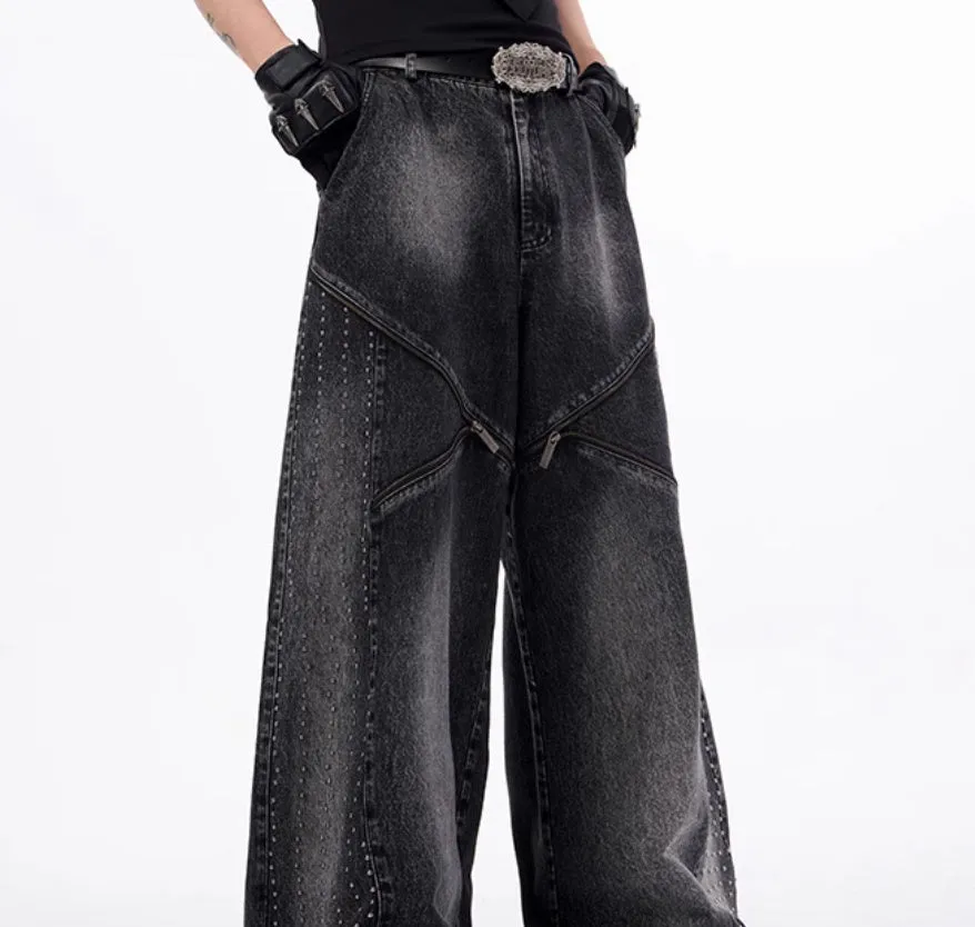 Women's black and grey structured zipper denim wide leg pants with matching waistcoat in Korean style