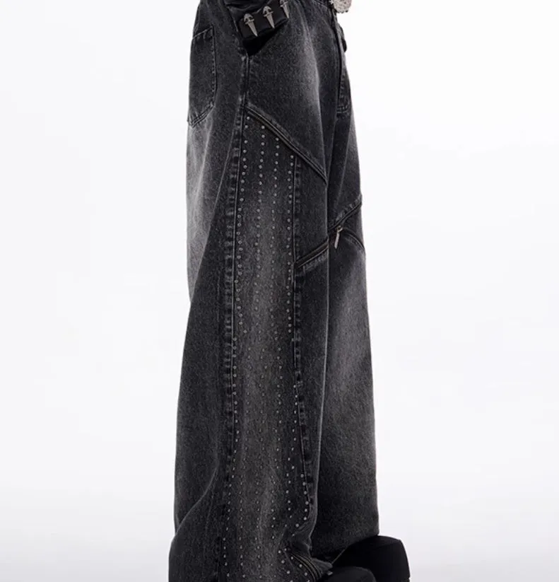 Women's black and grey structured zipper denim wide leg pants with matching waistcoat in Korean style