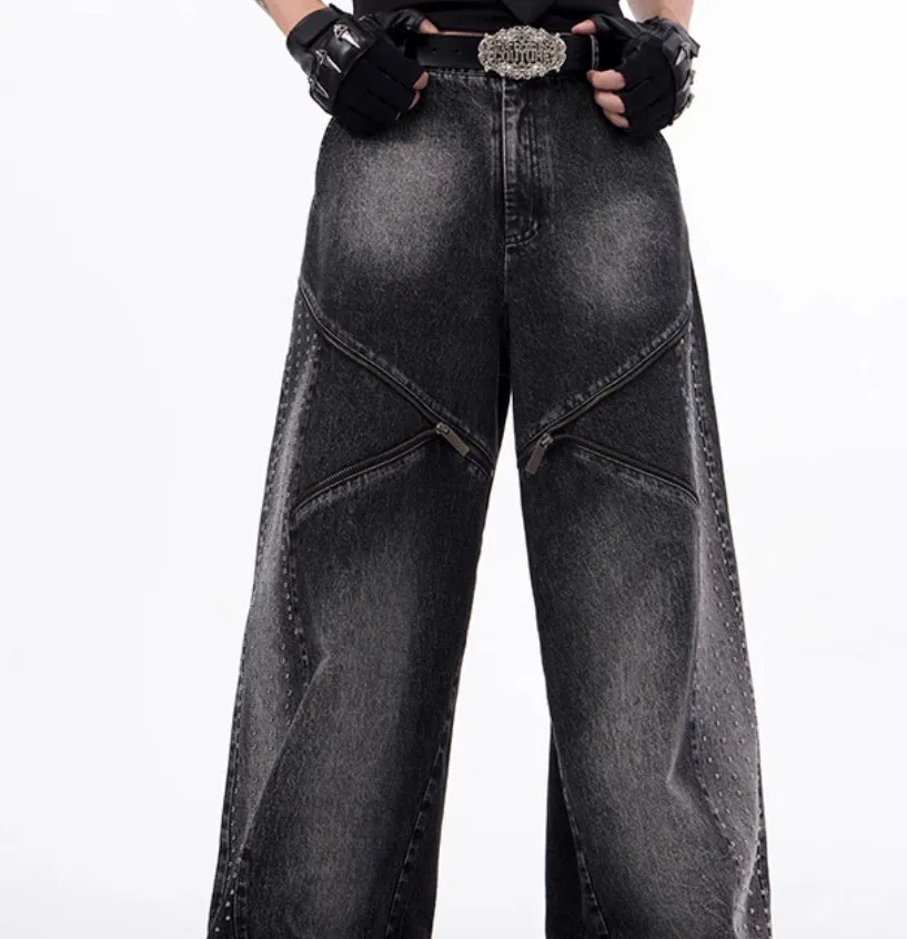 Women's black and grey structured zipper denim wide leg pants with matching waistcoat in Korean style