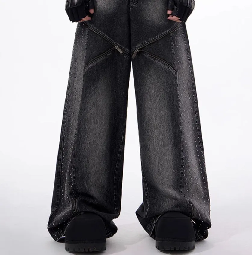 Women's black and grey structured zipper denim wide leg pants with matching waistcoat in Korean style