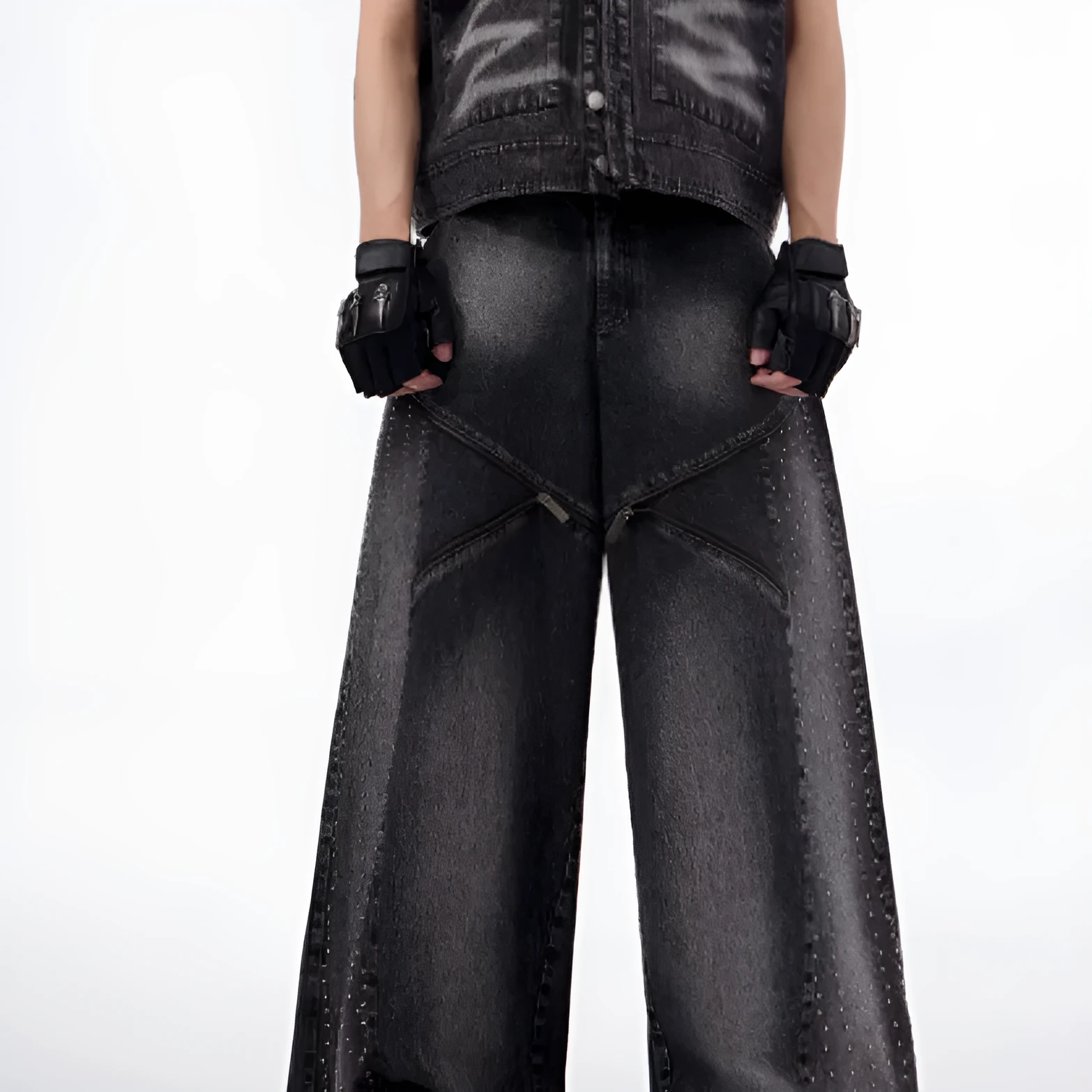Women's black and grey structured zipper denim wide leg pants with matching waistcoat in Korean style