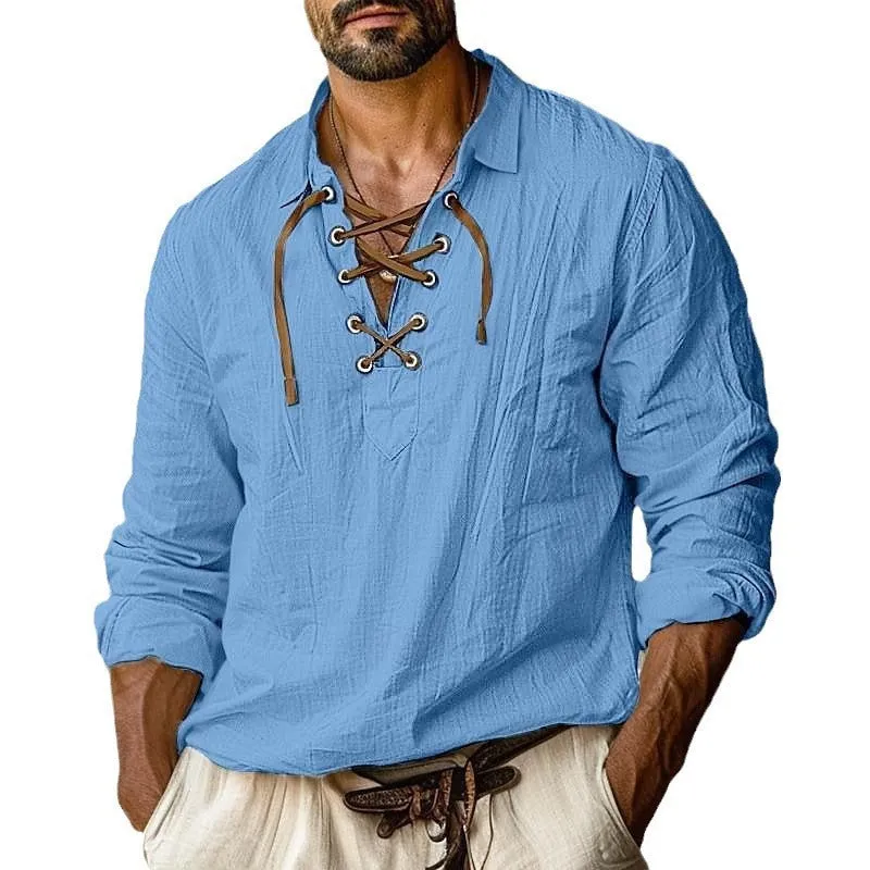 Men's solid colour linen blend shirt with lapels, lace details, and long sleeves in a loose plus-size fit.
