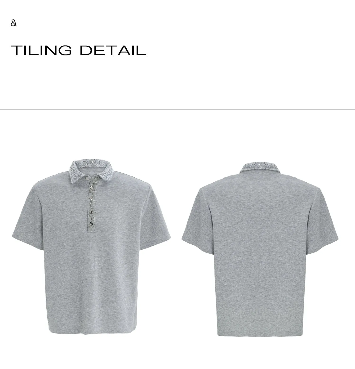 Loose fit square neck short sleeved shirt with sequin decoration in black, grey, or white.