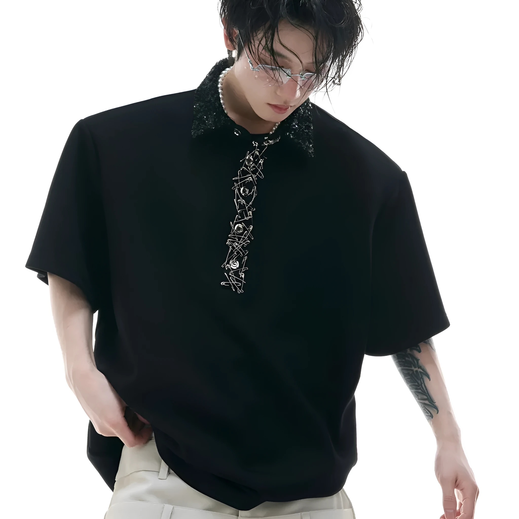 Loose fit square neck short sleeved shirt with sequin decoration in black, grey, or white.