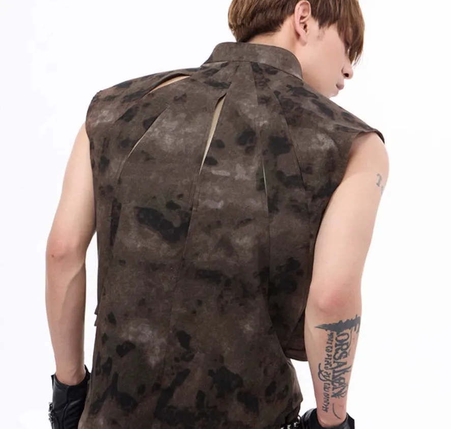 Camouflage pattern denim vest and trouser set with semi-high collar and single button front