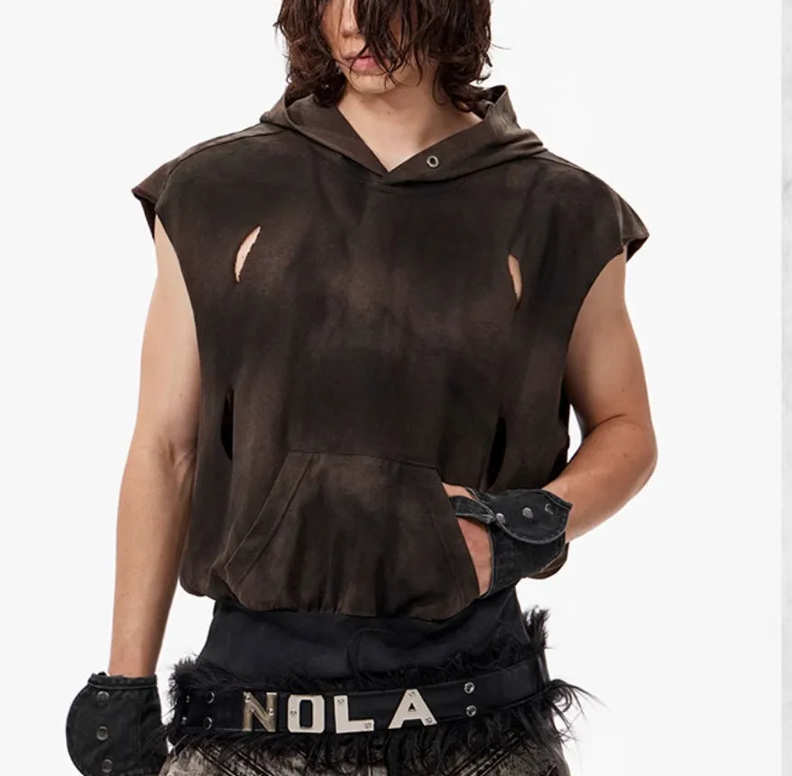 Khaki cotton short sleeve hooded vest with front pouch pocket and oversized streetwear fit