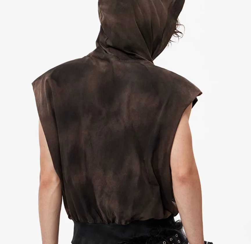 Khaki cotton short sleeve hooded vest with front pouch pocket and oversized streetwear fit