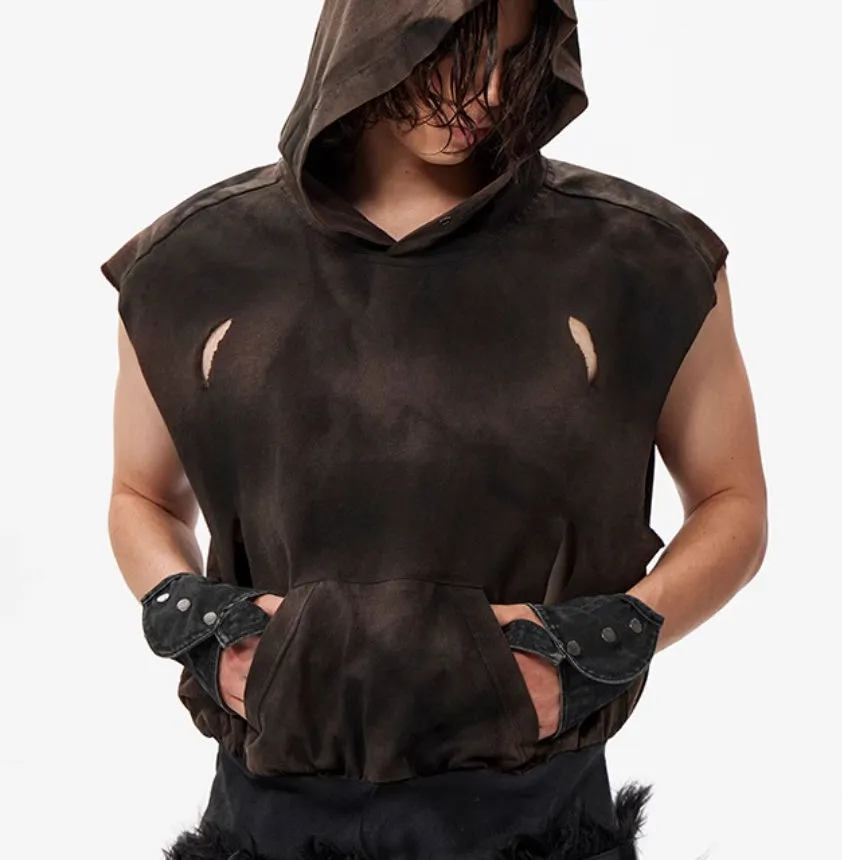 Khaki cotton short sleeve hooded vest with front pouch pocket and oversized streetwear fit