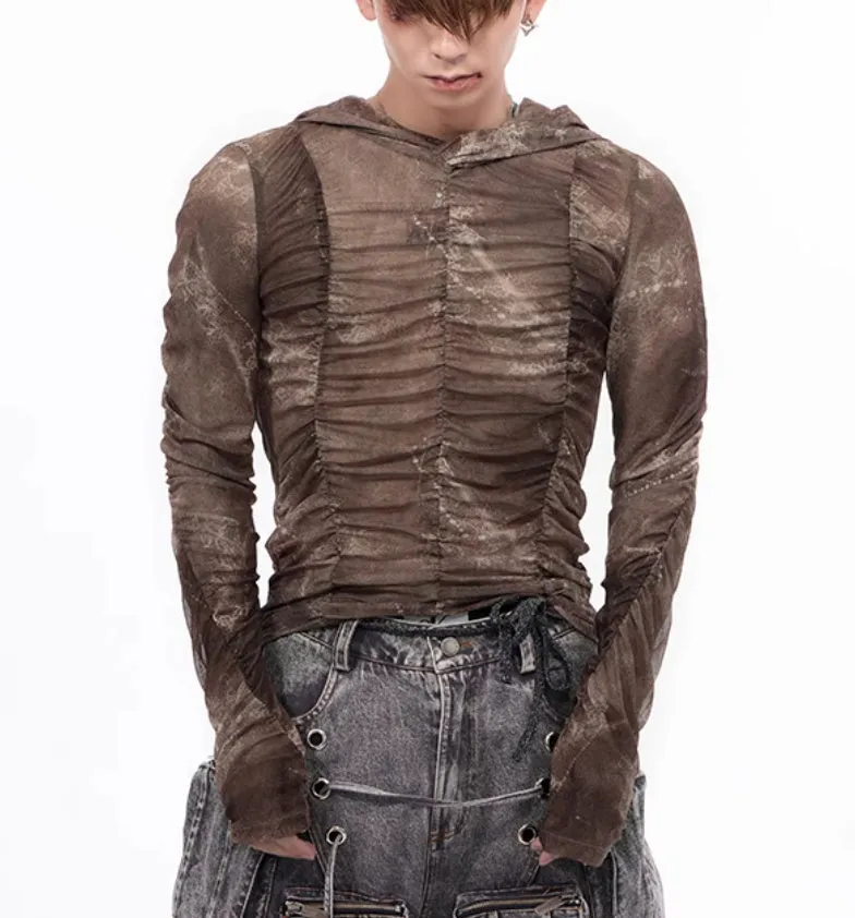 Boys' lightweight ice silk bottoming shirt with printing and pleating details in polyester fabric