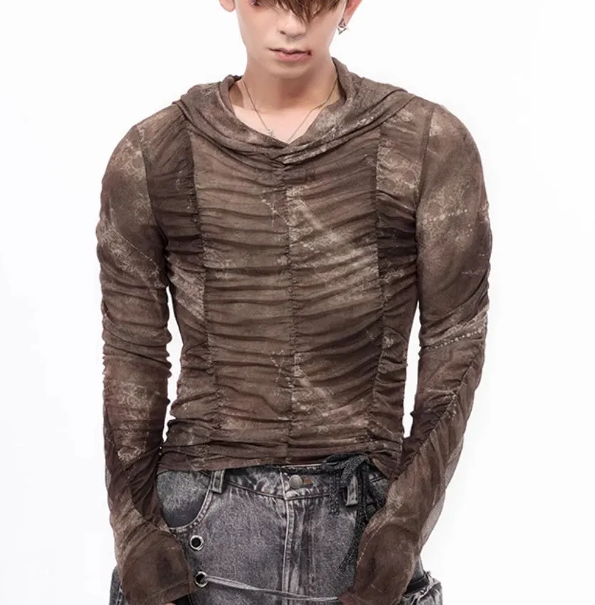 Boys' lightweight ice silk bottoming shirt with printing and pleating details in polyester fabric