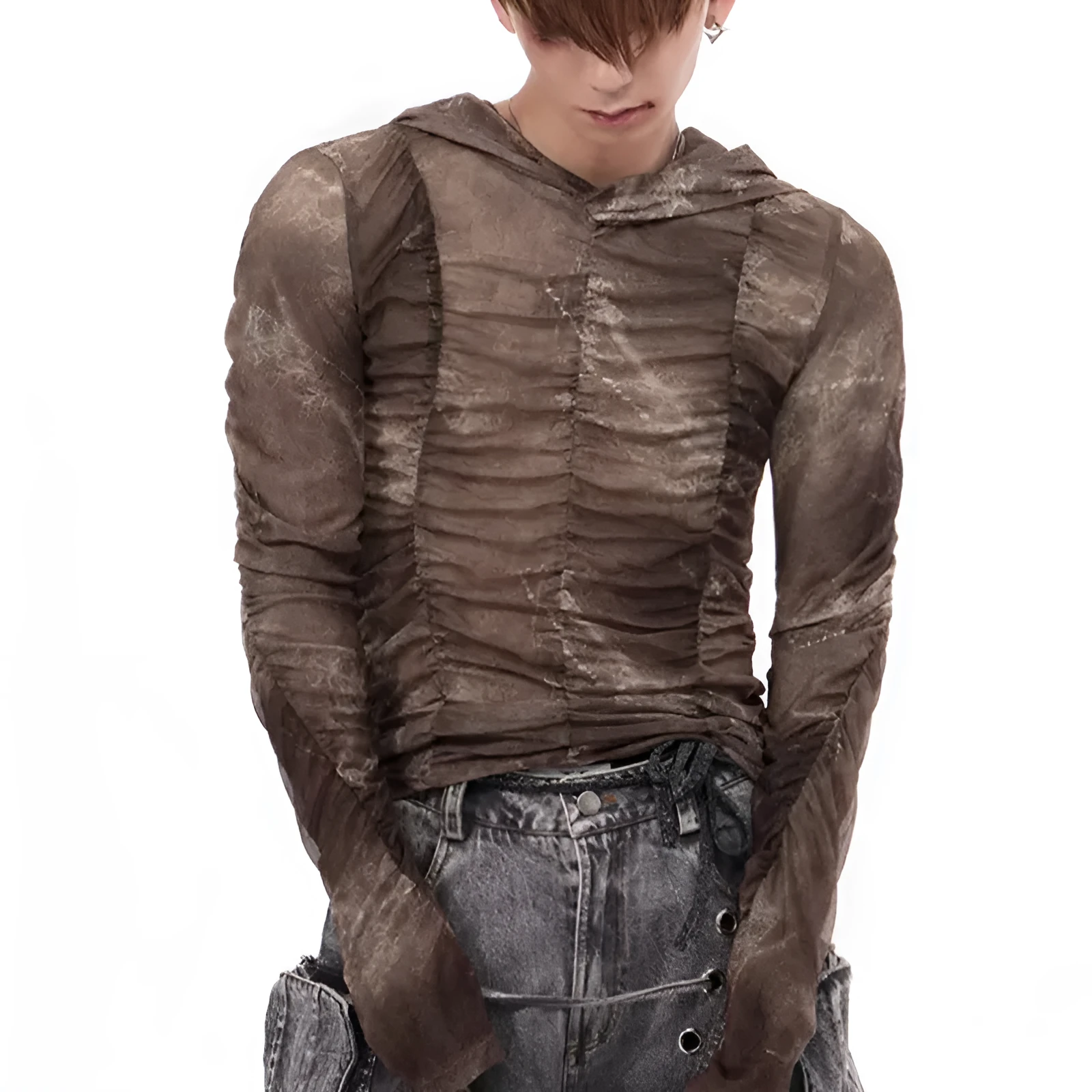 Boys' lightweight ice silk bottoming shirt with printing and pleating details in polyester fabric