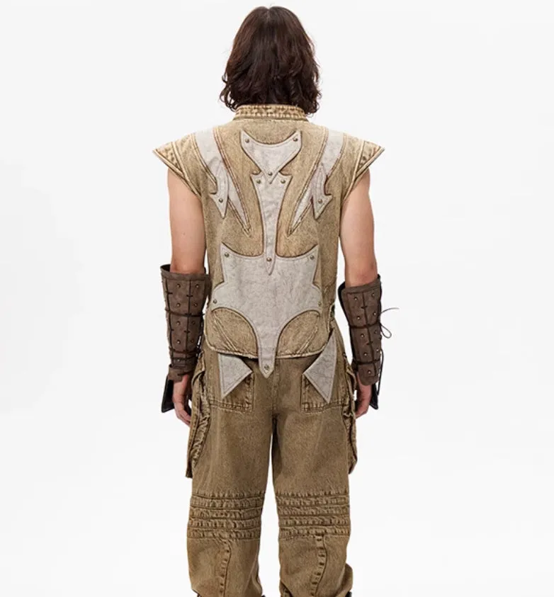Men's pleated denim vest in cotton fabric, Korean style, shown in available colour.