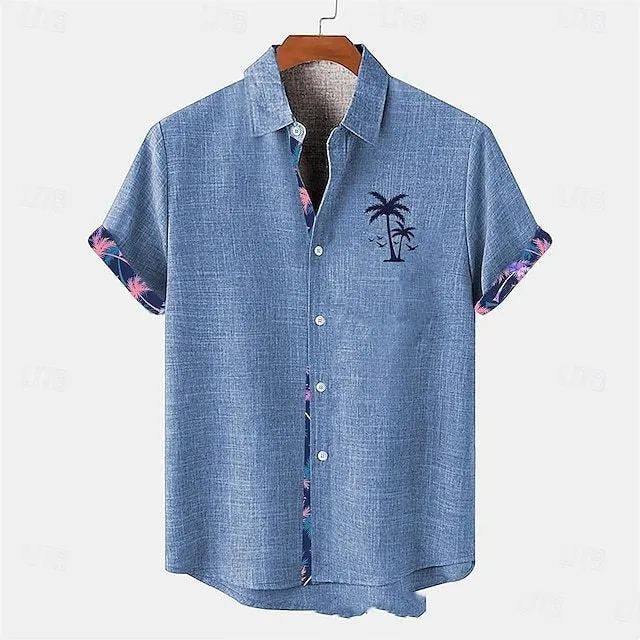 Linen short sleeve shirt with blue ocean fish pattern print, loose fit.