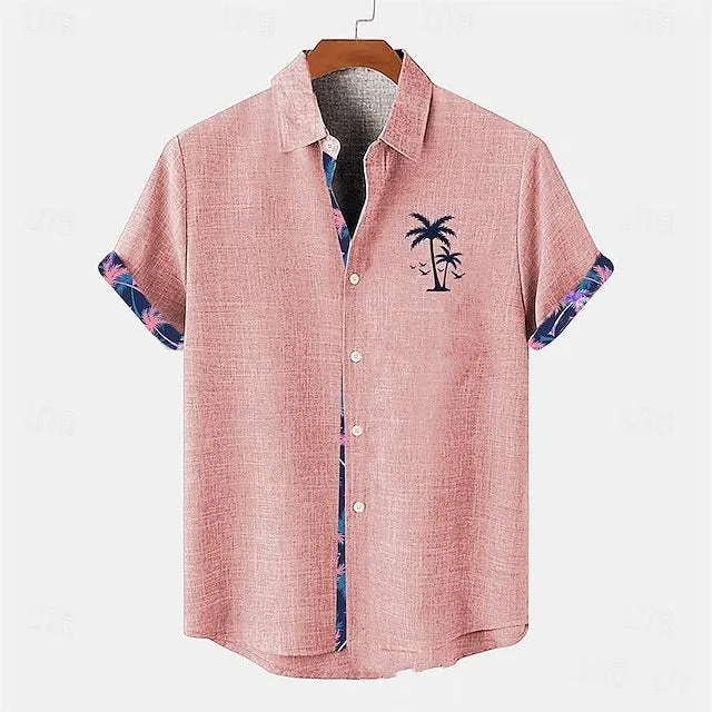Linen short sleeve shirt with blue ocean fish pattern print, loose fit.