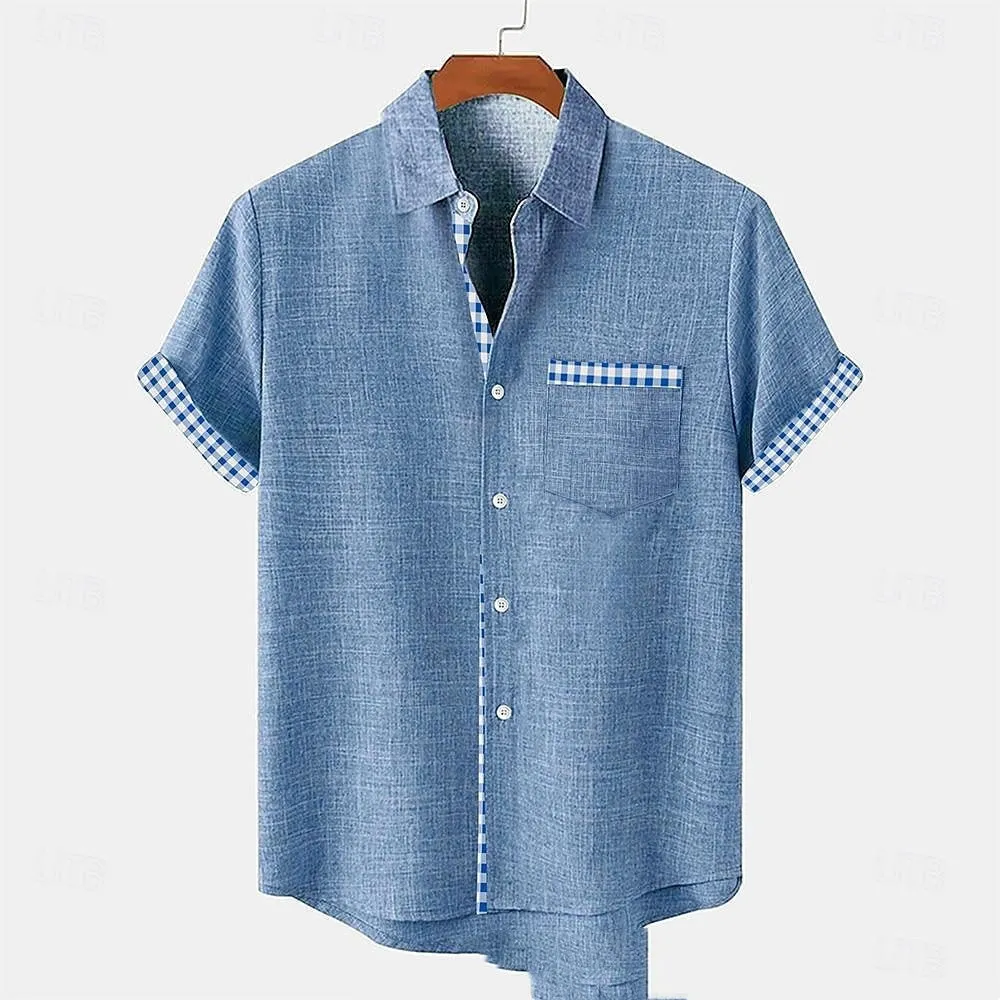 Linen short sleeve shirt with blue ocean fish pattern print, loose fit.