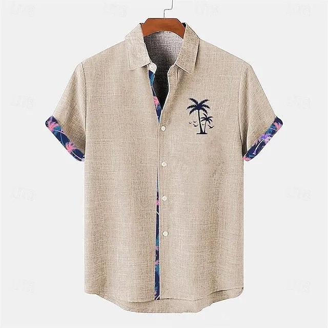 Linen short sleeve shirt with blue ocean fish pattern print, loose fit.