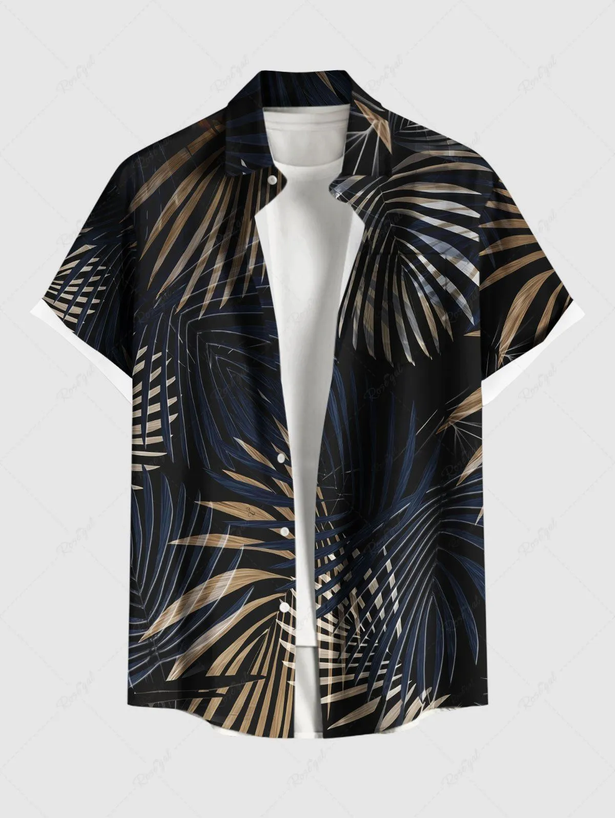 Men's striped casual shirt with stand collar and short sleeves in loose fit cardigan style