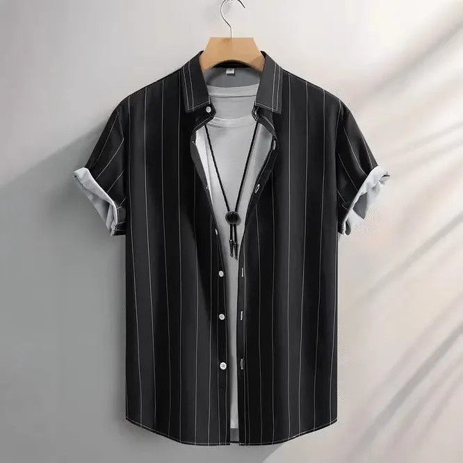 Men's striped casual shirt with stand collar and short sleeves in loose fit cardigan style
