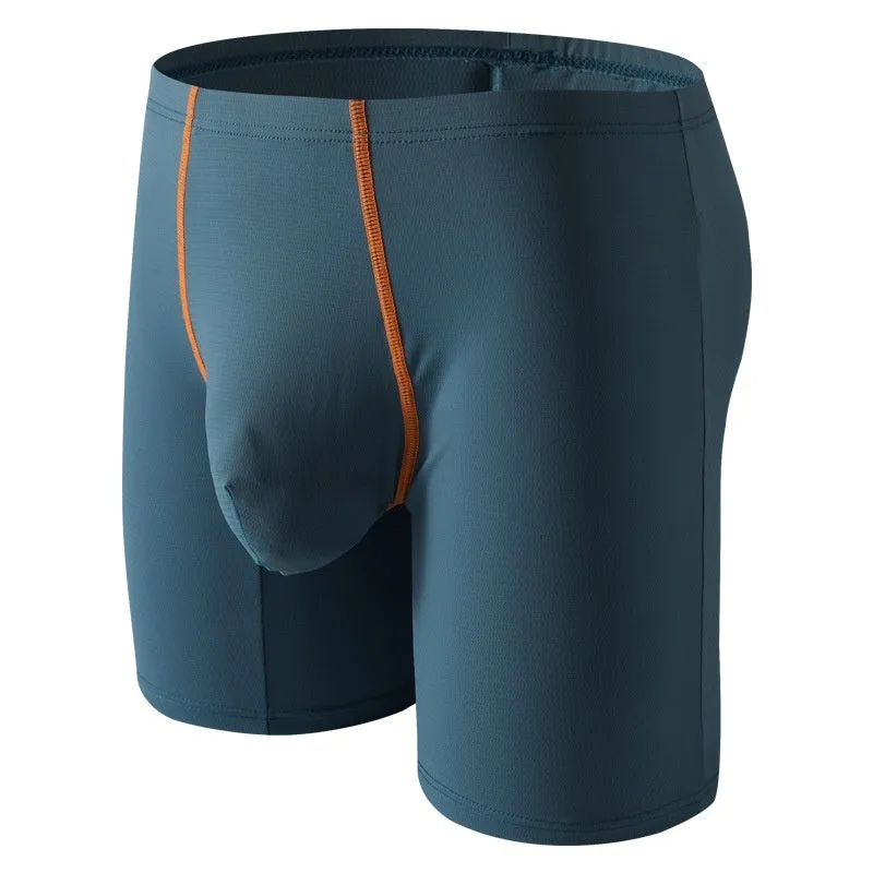 Men's nylon boxer shorts with a U-convex pouch design in multiple colours on a white background.