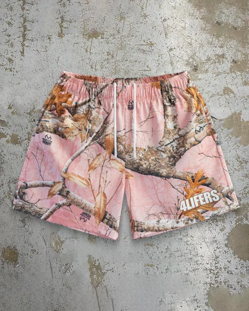 Man wearing loose blue digital print beach shorts made from quick-dry milk silk polyester fabric.
