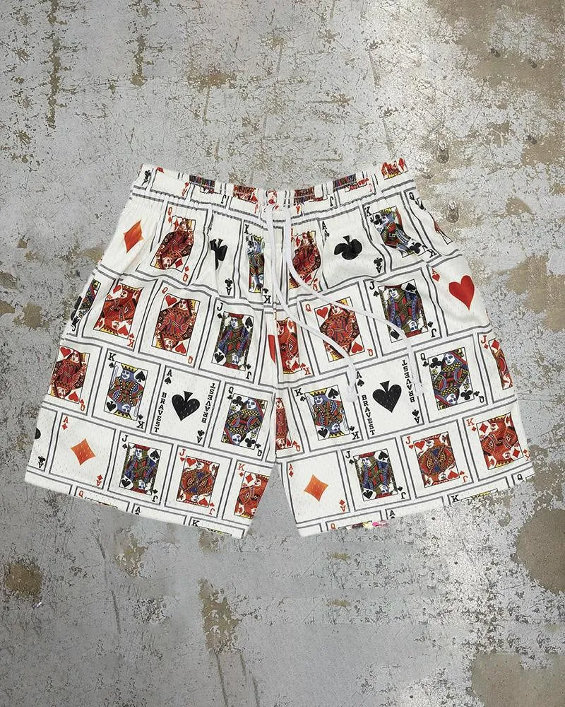 Man wearing loose blue digital print beach shorts made from quick-dry milk silk polyester fabric.
